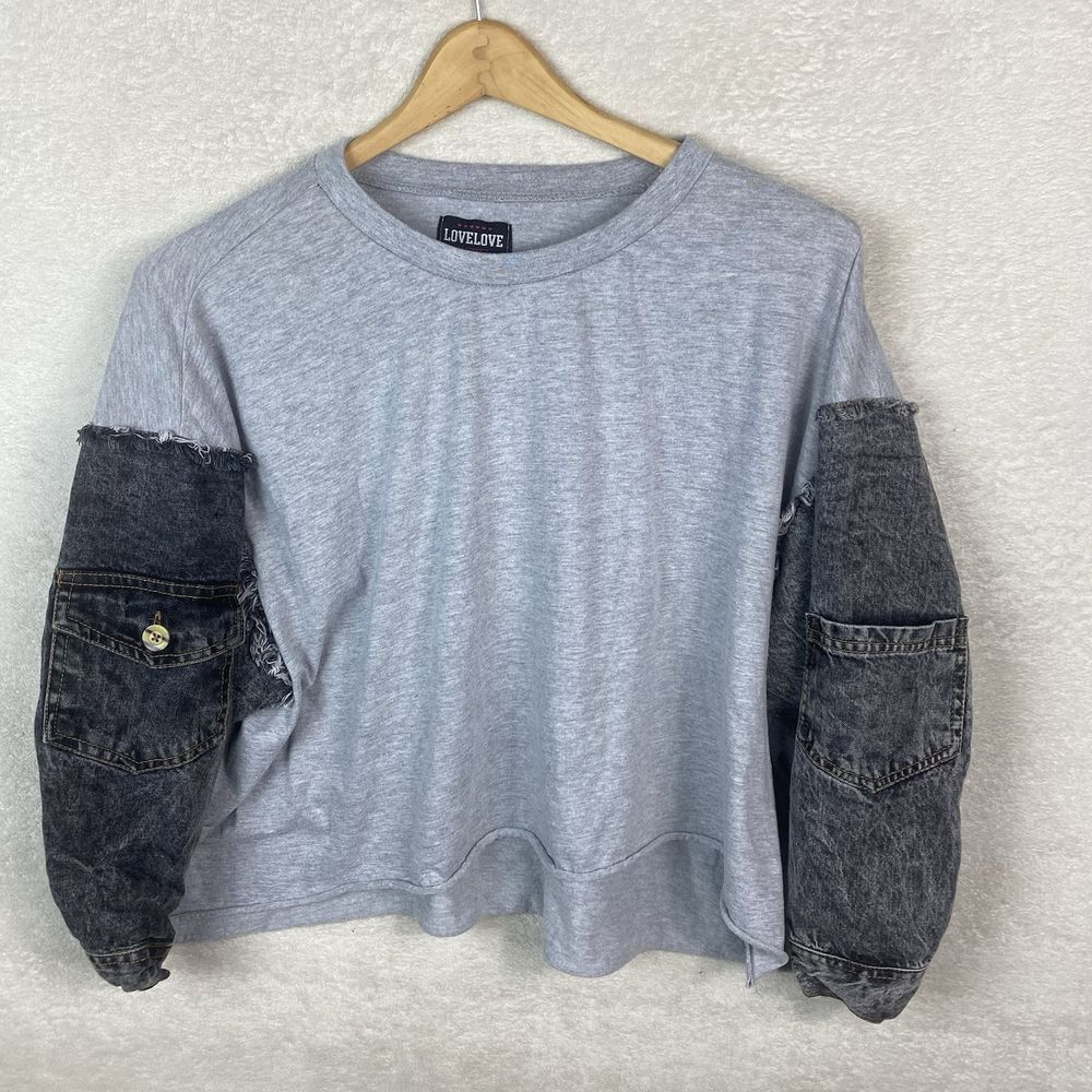 Y2K Handmade Denim Jean Sleeve Terry Knit Pullover Sweatshirt Plus Size 2X‎